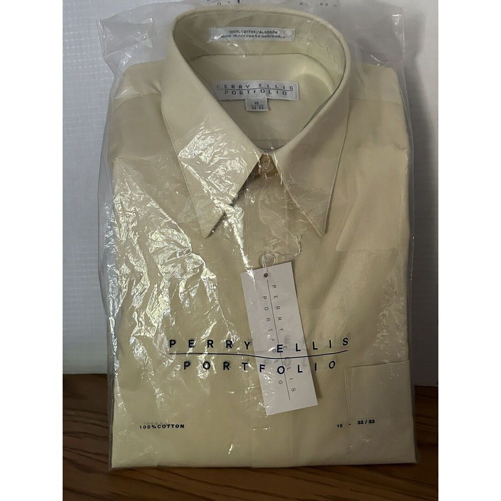 Perry Ellis Portfolio Button Up Yellow Shirt 100% Cotton 15 32/33